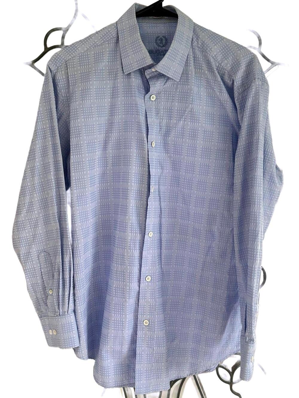 Bugatchi Uomo Men's Shaped Fit Dress Shirt Light Blue Check Pattern - Medium
